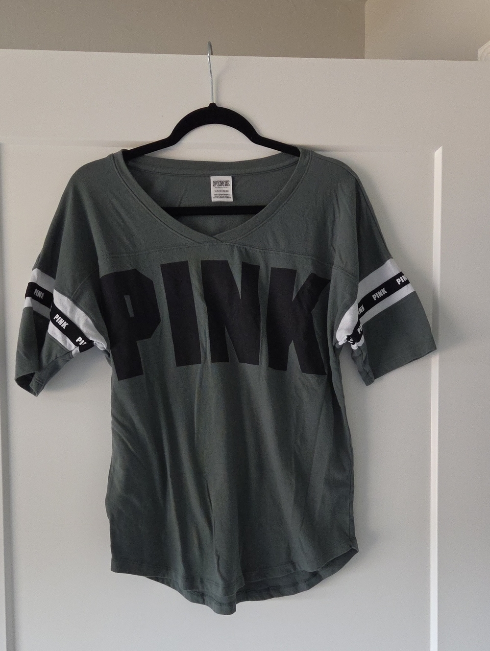PINK Victoria's Secret Womens' Olive Green Logo V-Neck Tee